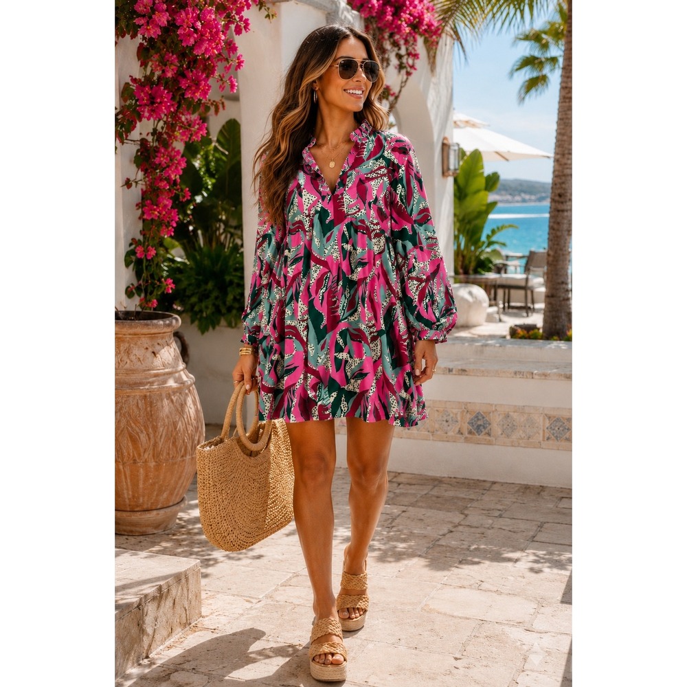Boho Ruffle Tropical Leaf Pink Mini Dress Balloon Sleeve‎ Resort Vacation Sz L